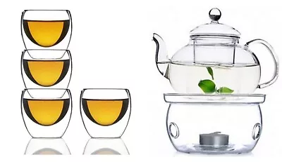 Buy 600ML Heat Resistant Glass Tea Coffee Pot Set  With Infuser + 4 X 80 ML Cup • 26.99£