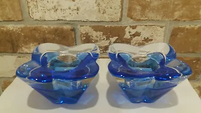 Buy Pair Of Orrefors Swedish Lotus Flower Art Glass Candle Holders. Cornflower Blue  • 29.95£