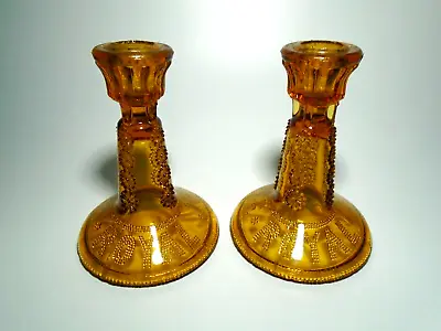 Buy 2 X Antique Amber Pressed Glass Candlesticks, 1887 Quuen Victoria Golden Jubilee • 27.95£
