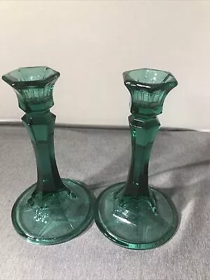 Buy Vintage Indiana Green Glass Candle Stick Holders S/2 6-1/4” • 18.78£