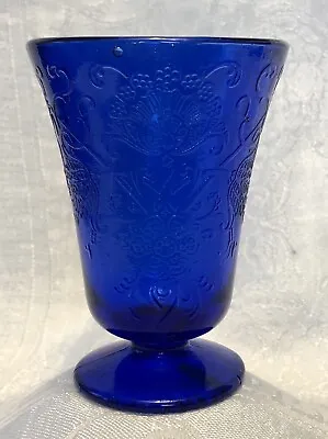 Buy Vintage 4” Cobalt Blue Footed Glass With Ornate Floral Design Pressed Glass • 4.80£