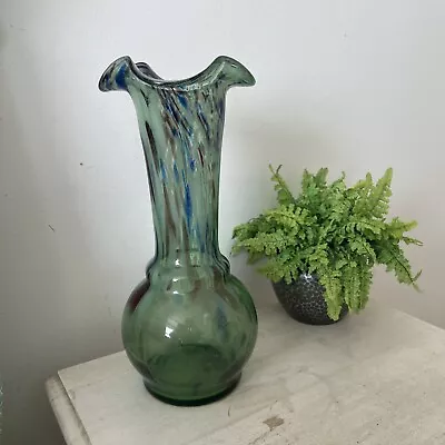 Buy Large Vintage Murano Glass Vase Art Nouveau Style Hand Blown Green Splatter • 29£