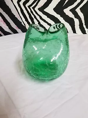 Buy Vintage Emerald Green Crackle Glass Pinched Vase • 18.89£
