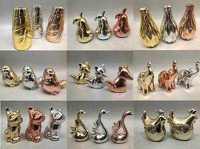 Buy Metallic Effect Ceramic Elephant,Owl,Pug,Cat,Dogs,Vase Figurines Ornament Sets • 5.99£