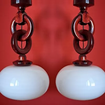 Buy 2 Available Vintage Wood And Opaline Glass Scandinavian Wood Pendant Lights • 195£