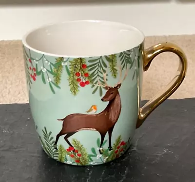 Buy Tesco Home Fine China Deer Stag Robin Christmas Theme Gold Handle Coffee Mug • 6.99£