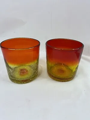 Buy Pair Of Amberina Glass Hand Blown Crackle Red And Orange Low Ball Tumblers  • 45.52£