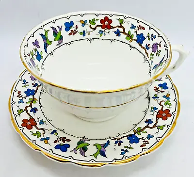 Buy Antique Tuscan China Floral With Birds Art Deco Hand Painted Cup & Saucer • 15.99£