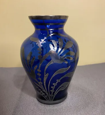 Buy Vintage Vecchia Murano Vase Cobalt Blue Glass Silver Overlay 4” • 35.05£
