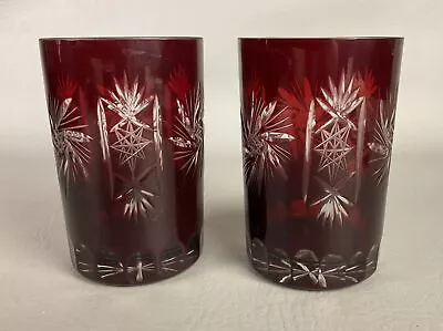 Buy 2 Vintage Ruby Red Cut To Clear Tumblers Bohemia Whiskey Glass Glasses • 29.59£