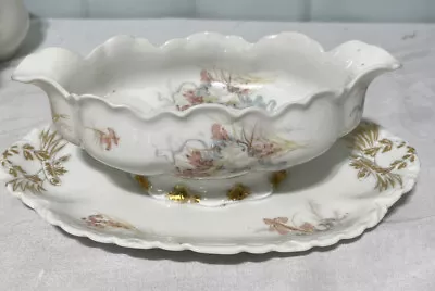 Buy HAVILAND & CO Pink Flowers Gold And Blue AccentsGravy Boat  ATTACHED Under Tray • 26.46£