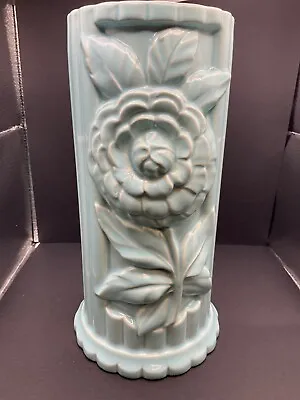 Buy Vintage 1930's/1940’s Aqua/teal Floral Embossed Pottery Vase 4x9” • 44.20£