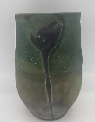 Buy Raku Fired Handmade Studio Art Clay Green Copper Black Pottery Vase 6.5” Flower • 23.70£