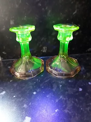 Buy Rare Pair Pink And Green Uranium Glass Candlesticks 12cm • 35£