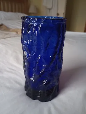 Buy Vintage Bark Effect 20cm 8” Tall Cobalt Blue Glass Vase, Whitefriars Style, VGC • 18£
