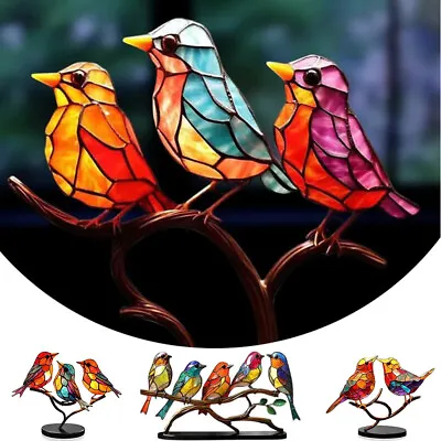 Buy Stained Glass Birds On Branch Desktop Ornaments Metal Vivid Craft Desktop Decors • 9.99£