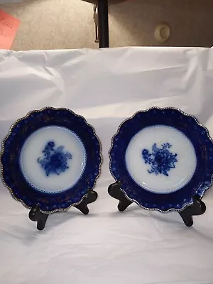 Buy GRINDLEY, ANTIQUE 1880 - 1884, 5 3/4  Plates FLOW BLUE W/GOLD Flower Centered • 40.54£