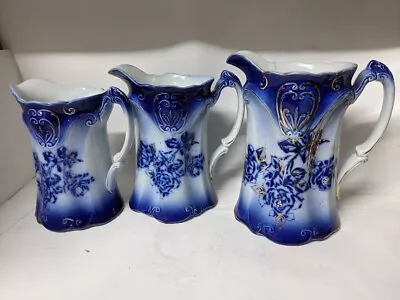 Buy Trio Of  Antique  Porcelain MAYFAYRE STAFFORDSHIRE Floral Blue & White Jugs • 119.99£