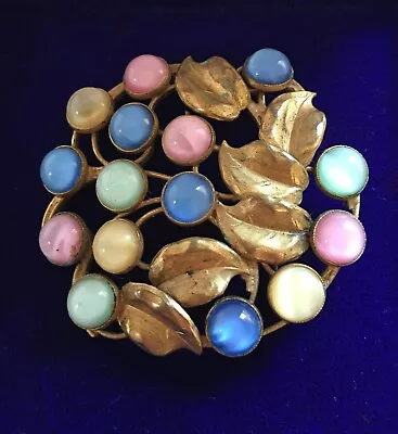 Buy 1930s Vintage Czech?  Blue And Pink Glass Brooch Moonglow Bohemian Cabochon • 29.99£
