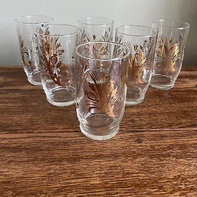 Buy Set Of 6 1950's Drinking Glasses With Gold Flower Bouquet Design • 15£
