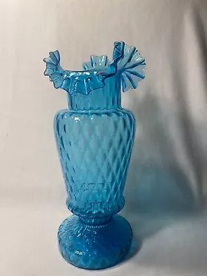 Buy Beautiful Hand Blown Blue 11  Vase Quilted Diamond Ruffled With Pontil Mark • 33.52£