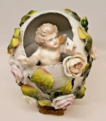 Buy Antique German Dresden Porcelain Hutched Egg Cherub Sitzendorf Mark Blue Arrows • 360.27£