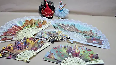 Buy 5 Hand Held Spanish Made Fans. Plus Two 13 Cm Flamenco Dancing Dolls On Bases • 18.99£