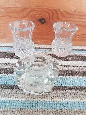 Buy  3 X VINTAGE CHUNKY GLASS CANDLE HOLDERS Thistle Pressed Pretty Made In England  • 2£