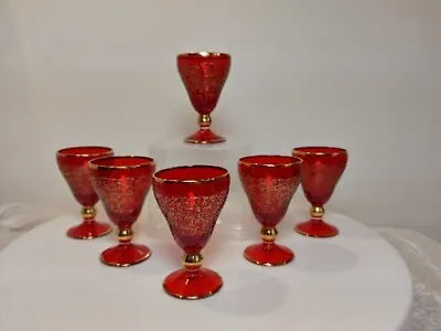 Buy 6 X Antique Ruby Red & Gold Needle Etch Cordial Aperitif Glasses Bohemian Moser  • 85£