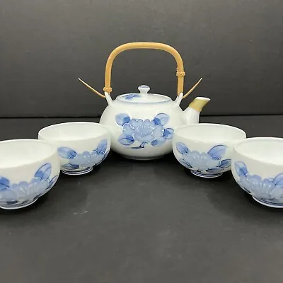 Buy Vintage Tea Set Chinese Porcelain White Blue Lotus Flower 5 Pieces 4 Cups • 37.80£