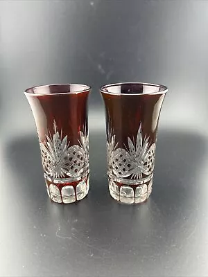 Buy Bohemian Crystal Glass 4  Cordial Liquors Ruby Red Cut To Clear Set Of 2 • 18.93£