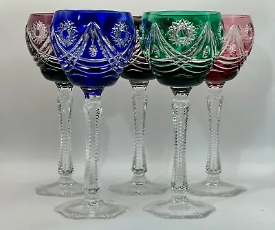 Buy Vintage 5 Cut Glass Goblets Cobalt Blue Cut To Clear Green Ruby Stemware Barware • 118.72£