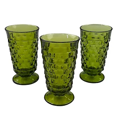 Buy Set Of 3 Vintage Indiana Glass Whitehall Avocado Green Cubist Footed Tumblers • 33.07£