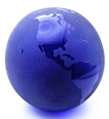 Buy Etched Cobalt Blue Globe Map Vintage Paperweight Clear Frosted Glass Desk Decor • 16.23£