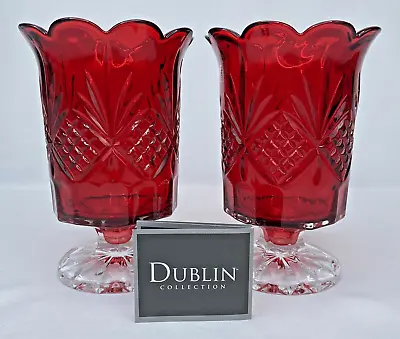 Buy Lot Of 2 Shannon By Godinger Dublin Red Crystal Footed Hurricane Votive Holders • 57.78£