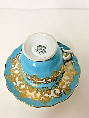 Buy Aynsley Teacup & Saucer Turquoise With Gold Leaves & Floral, Bone China, England • 15.31£