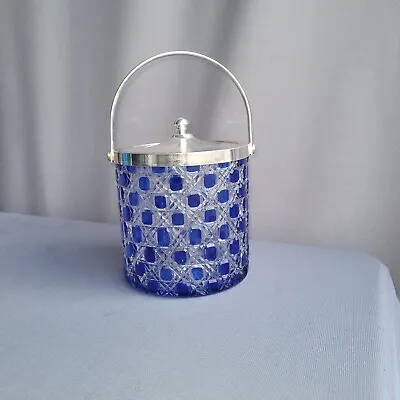 Buy Blue And Clear Cut Glass Czech Silver Plated Biscuit Jar Barrel • 27£
