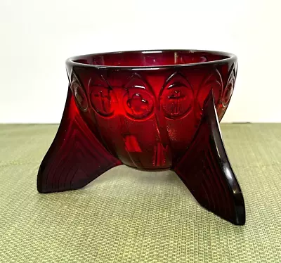 Buy Vintage Ruby Red Glass Bowl Embossed Cross/Heats On (3) Legs Base RARE • 47.43£