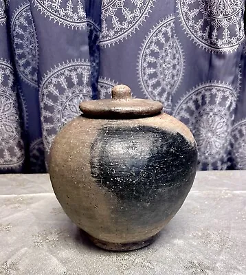Buy Primitive Unglazed Pit-Fired Pottery Stoneware Footed Vessel/Urn W/Lid • 211.85£