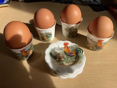 Buy Norstock Cockerel 4 Egg Cups And Saucers Fine Bone China • 20.99£