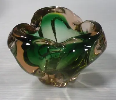 Buy Vintage Czech Art Glass Bowl Amber/Green Colour 11cm Wide Poss Josef Hospodka • 14.99£