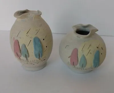 Buy Set Two Small Artisan Hand Made Clay Pottery Vases Textured Gray & Pastels Decor • 15.92£