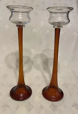 Buy Stunning Pair Tall Art Glass Candle Holders Amber Brown Trumpet Stem Clear Top • 49.99£