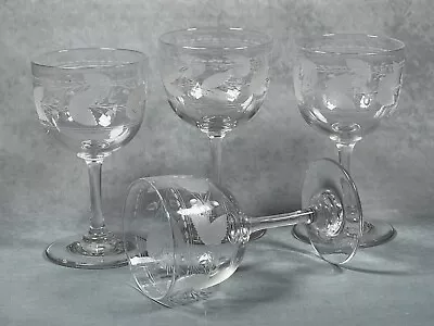 Buy A Set Of FOUR Antique English Victorian / Edwardian Etched Wine Glasses • 80£