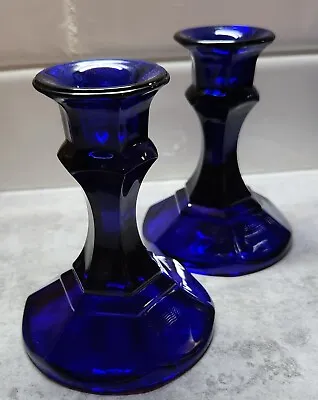 Buy Vintage Cobalt Blue Glass Candlestick Holders - Set Of 2 - 4 In Tall - Very Nice • 11.38£