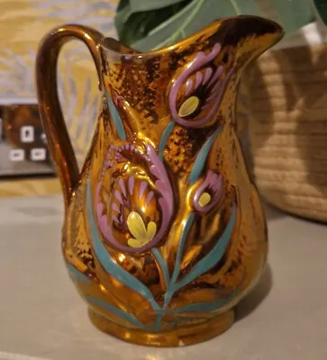 Buy Copper Lustre Ware Jug Hand Painted Floral Tulips Antique Pottery 17cm Tall • 22£