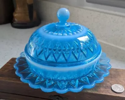 Buy Antique Davidson Blue Pearline Pressed Glass Muffin / Bon Bon  / Butter Dish  • 55£