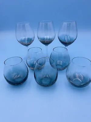 Buy Discontinued Pier 1 Teal Crackle Glass Set Of Stem And No Stem Wine Glasses • 178.30£