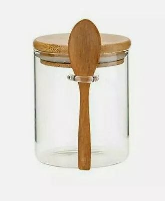 Buy Glass Canister With Bamboo Lid And Spoon Clear Jar For Kitchen Storage UK Seller • 11£