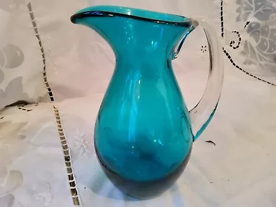 Buy Cute Small  Glass Milk Cream Jug Pitcher Turquoise Blue Clear Handle 14cm 5. 5  • 8£